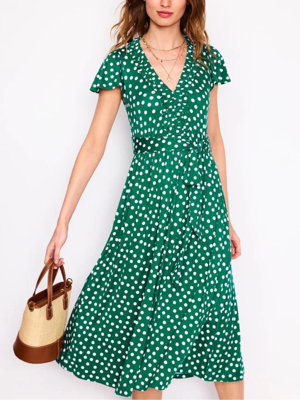 Boden Nicola Jersey Tea Dress Green Polka Dot Ruffle Neck Maxi Size 12 Old Money